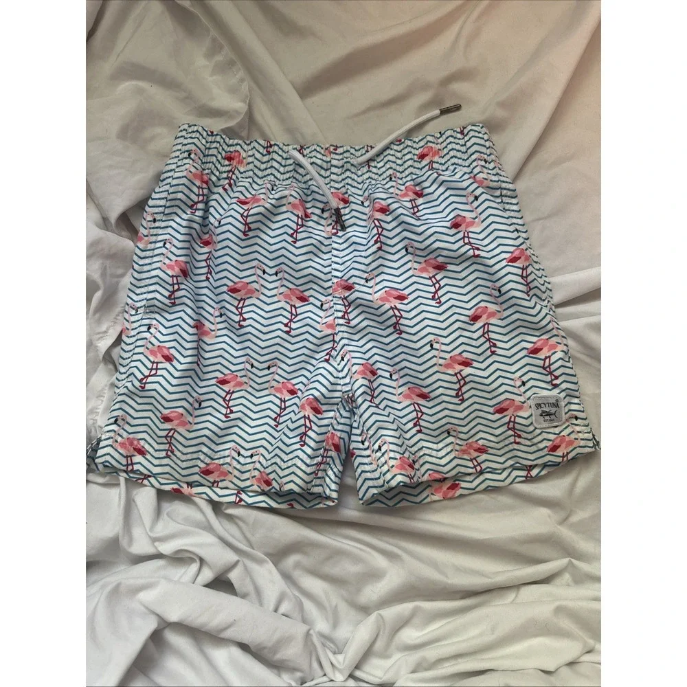 Spicy Tuna Boys 10 All Over Flamingo Swim Trunks Light‎ Blue Drawstring
